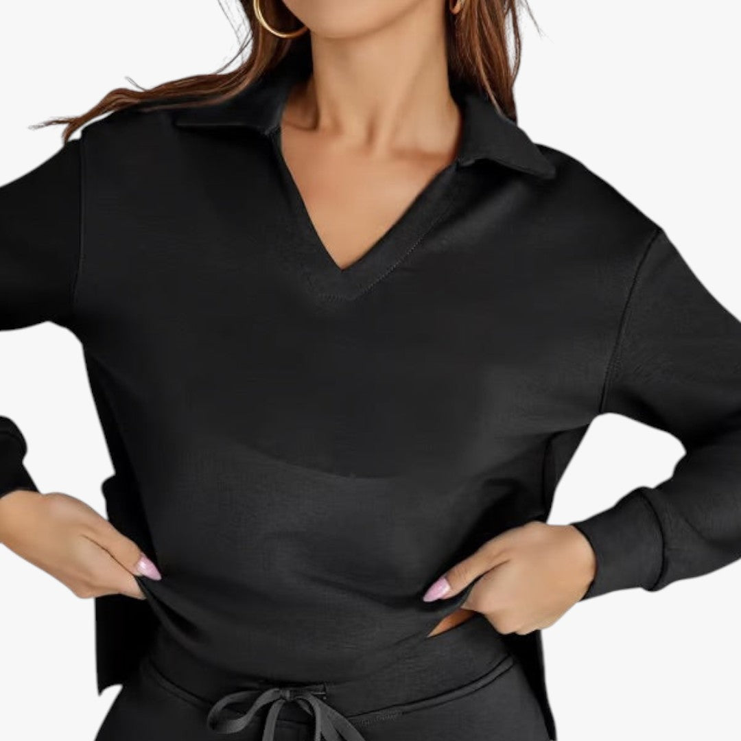 Miles & Luna 2-Piece Set V-Neck Sweatshirt and Elastic Waist Wide-Leg Trousers for Women
