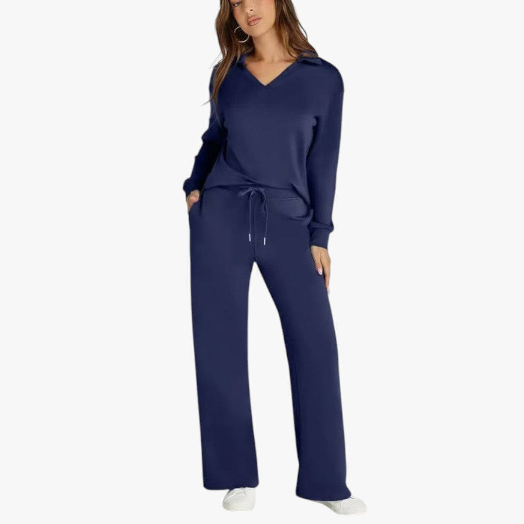 Miles & Luna 2-Piece Set V-Neck Sweatshirt and Elastic Waist Wide-Leg Trousers for Women