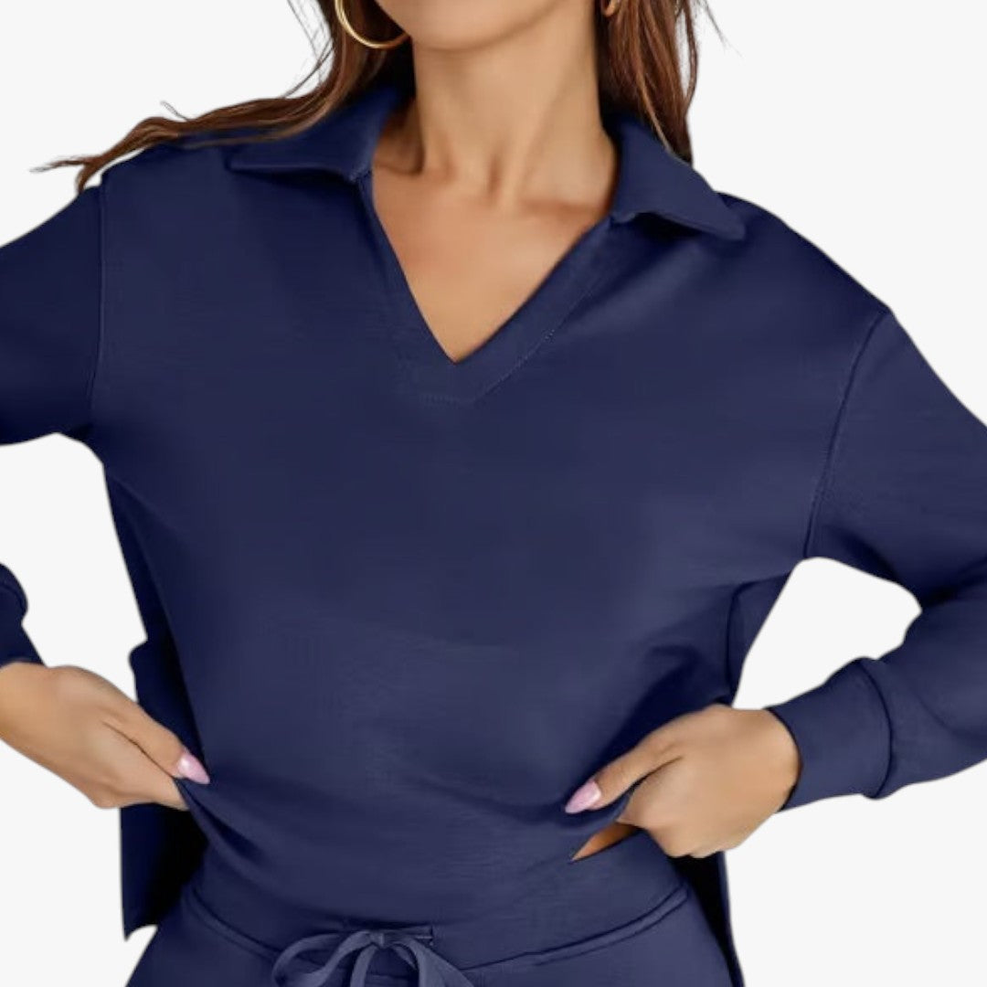 Miles & Luna 2-Piece Set V-Neck Sweatshirt and Elastic Waist Wide-Leg Trousers for Women