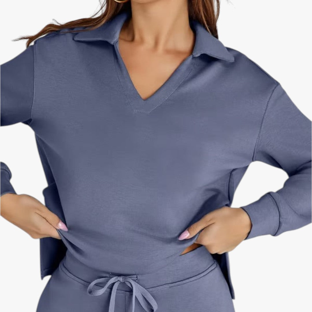 Miles & Luna 2-Piece Set V-Neck Sweatshirt and Elastic Waist Wide-Leg Trousers for Women
