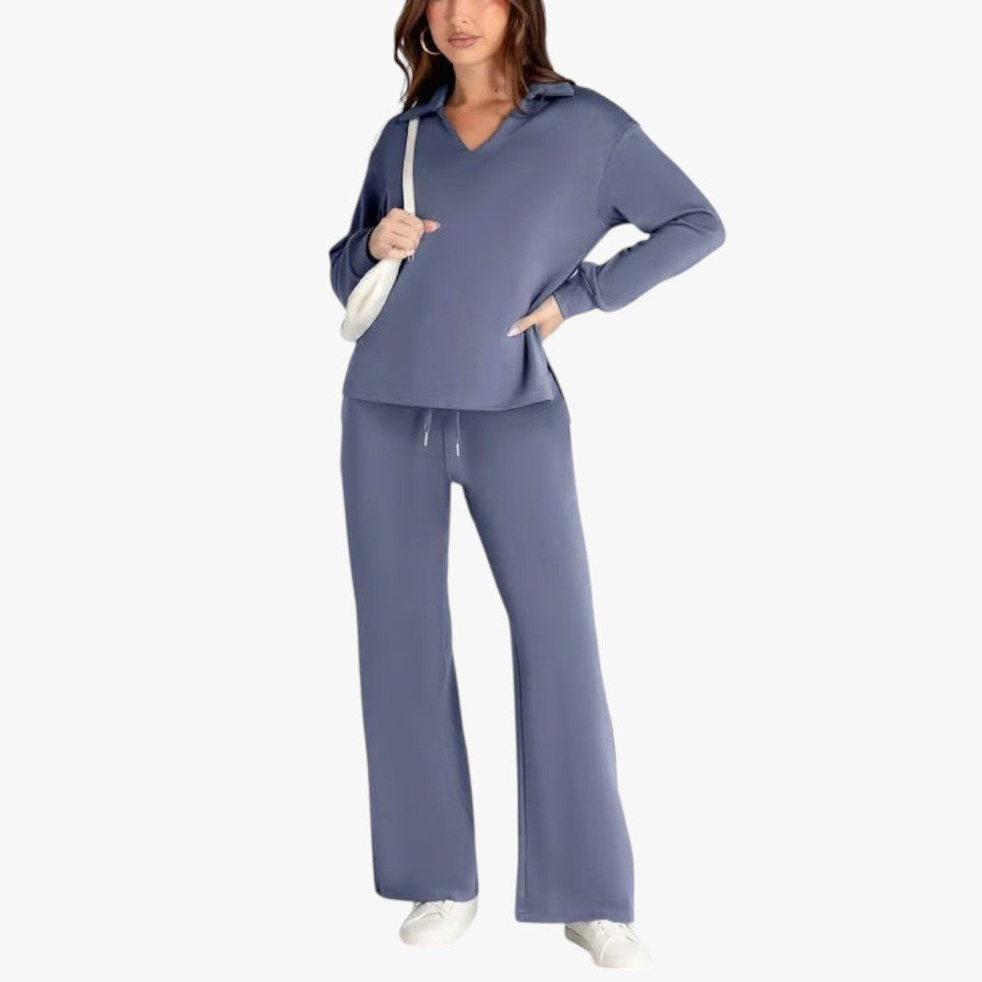Miles & Luna 2-Piece Set V-Neck Sweatshirt and Elastic Waist Wide-Leg Trousers for Women