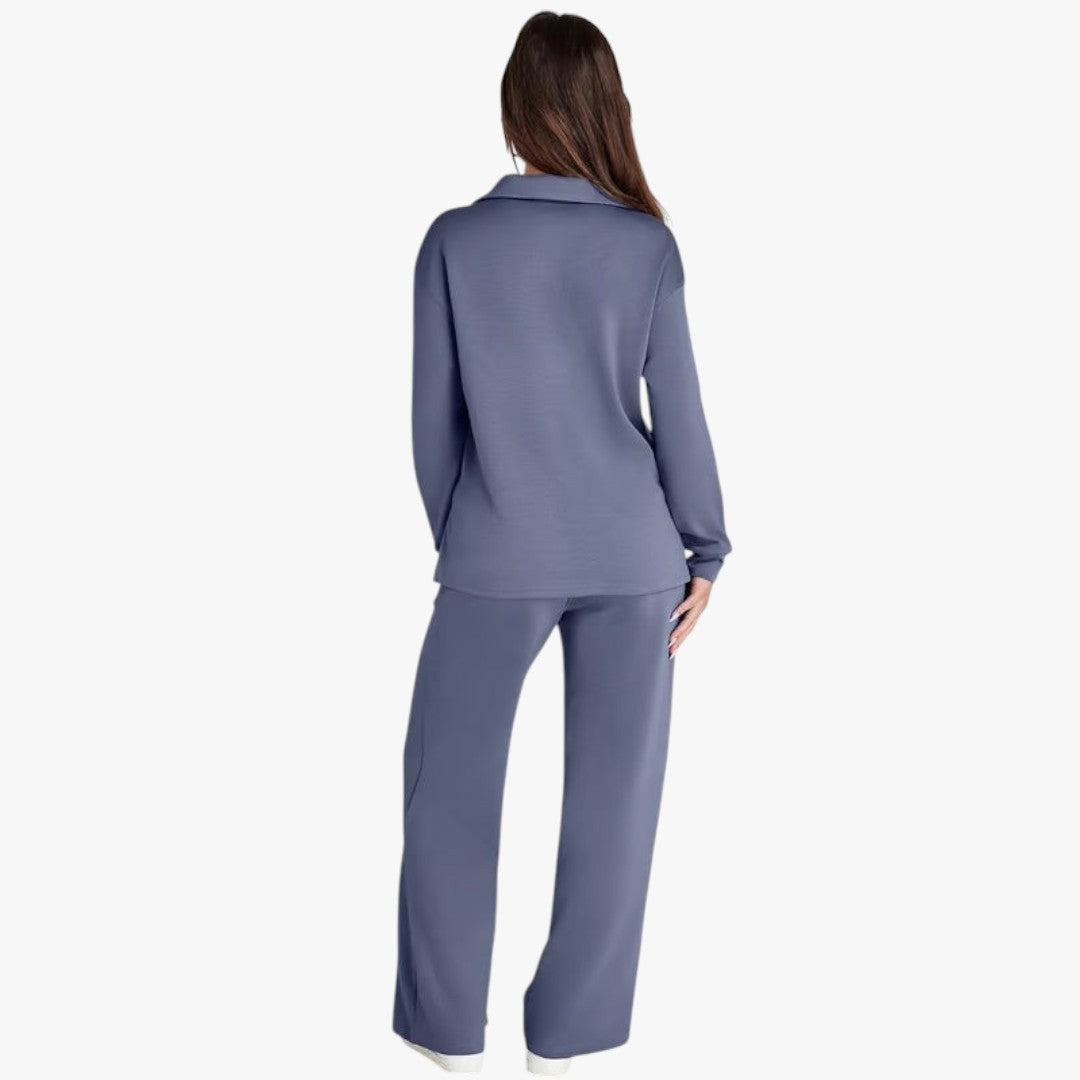 Miles & Luna 2-Piece Set V-Neck Sweatshirt and Elastic Waist Wide-Leg Trousers for Women