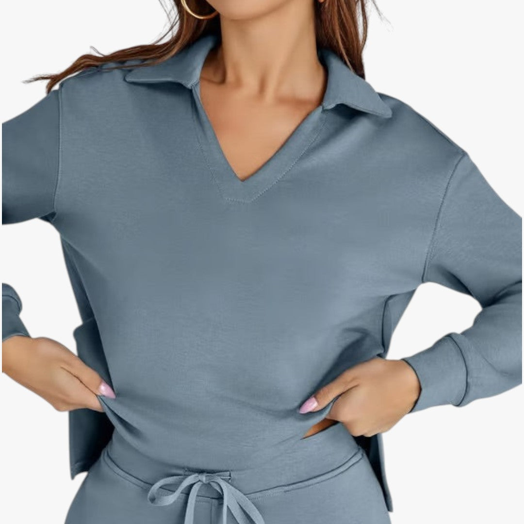 Miles & Luna 2-Piece Set V-Neck Sweatshirt and Elastic Waist Wide-Leg Trousers for Women