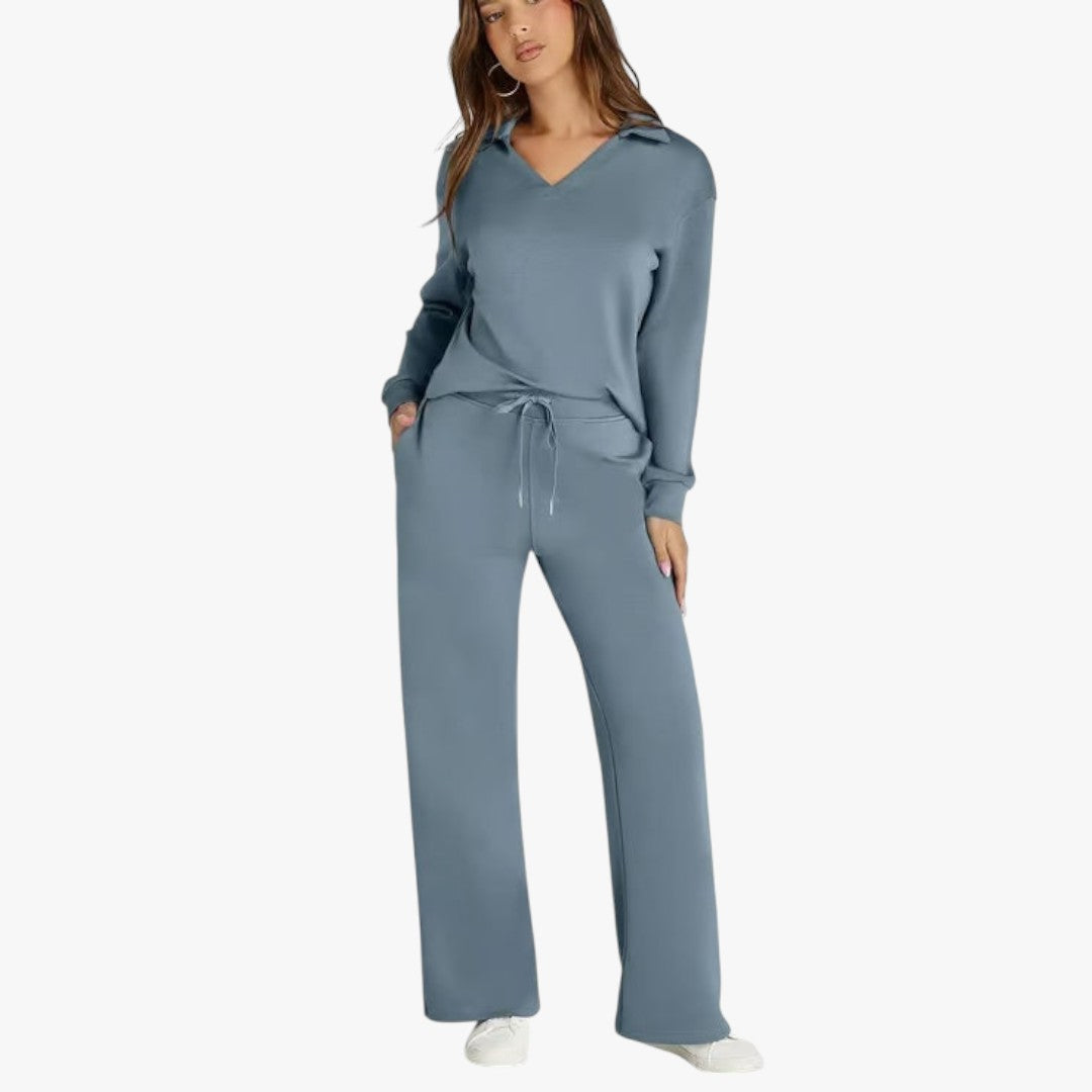 Miles & Luna 2-Piece Set V-Neck Sweatshirt and Elastic Waist Wide-Leg Trousers for Women