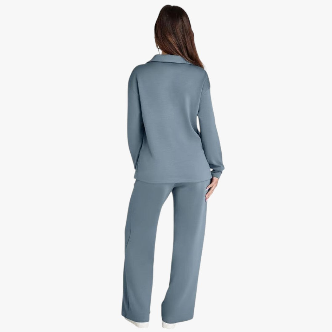 Miles & Luna 2-Piece Set V-Neck Sweatshirt and Elastic Waist Wide-Leg Trousers for Women