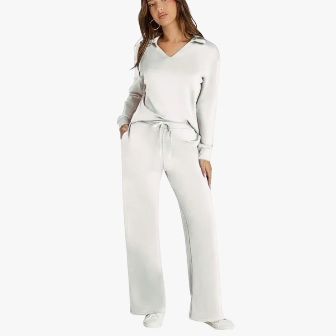 Miles & Luna 2-Piece Set V-Neck Sweatshirt and Elastic Waist Wide-Leg Trousers for Women