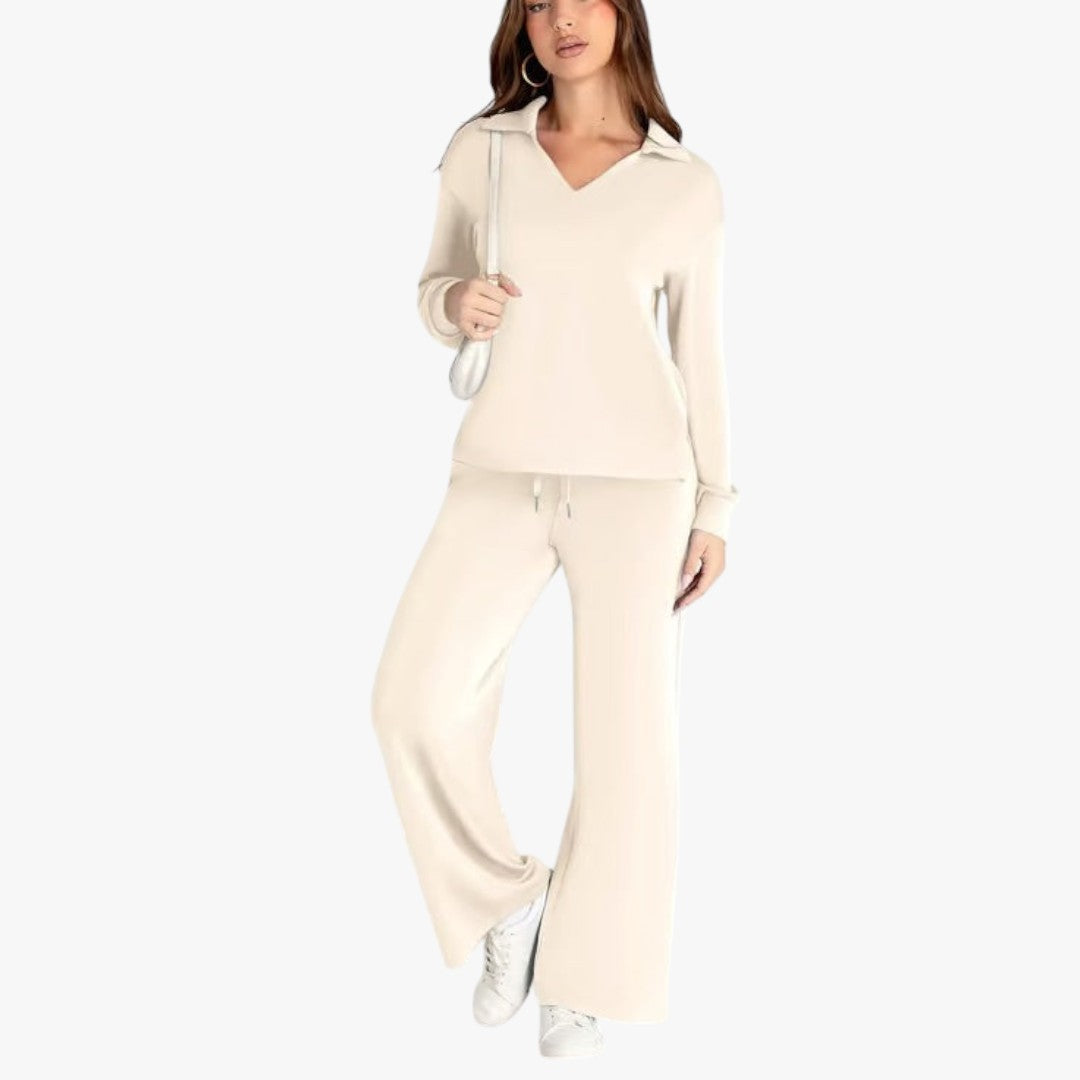 Miles & Luna 2-Piece Set V-Neck Sweatshirt and Elastic Waist Wide-Leg Trousers for Women
