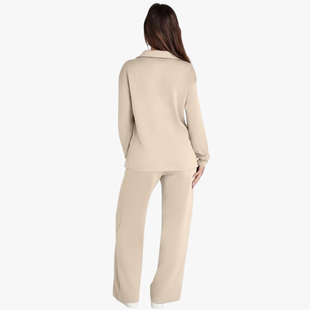 Miles & Luna 2-Piece Set V-Neck Sweatshirt and Elastic Waist Wide-Leg Trousers for Women