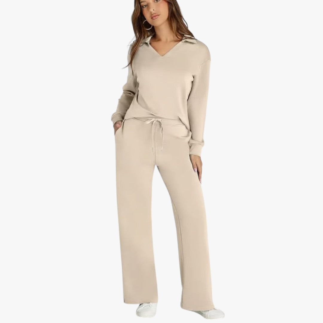Miles & Luna 2-Piece Set V-Neck Sweatshirt and Elastic Waist Wide-Leg Trousers for Women
