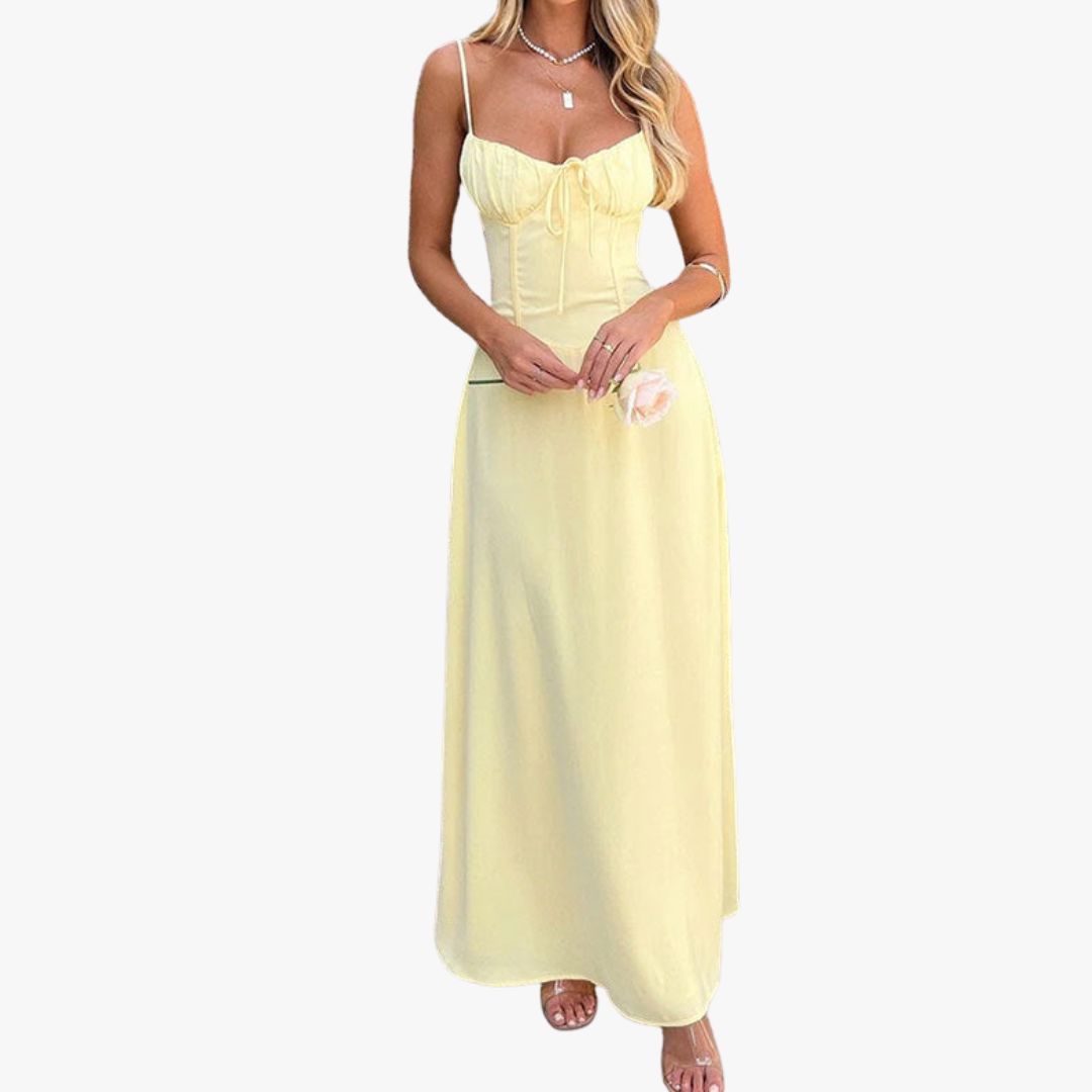 Miles & Luna A-Line Dress Satin Feel Ruched Bodice Strappy Maxi Dress for Women