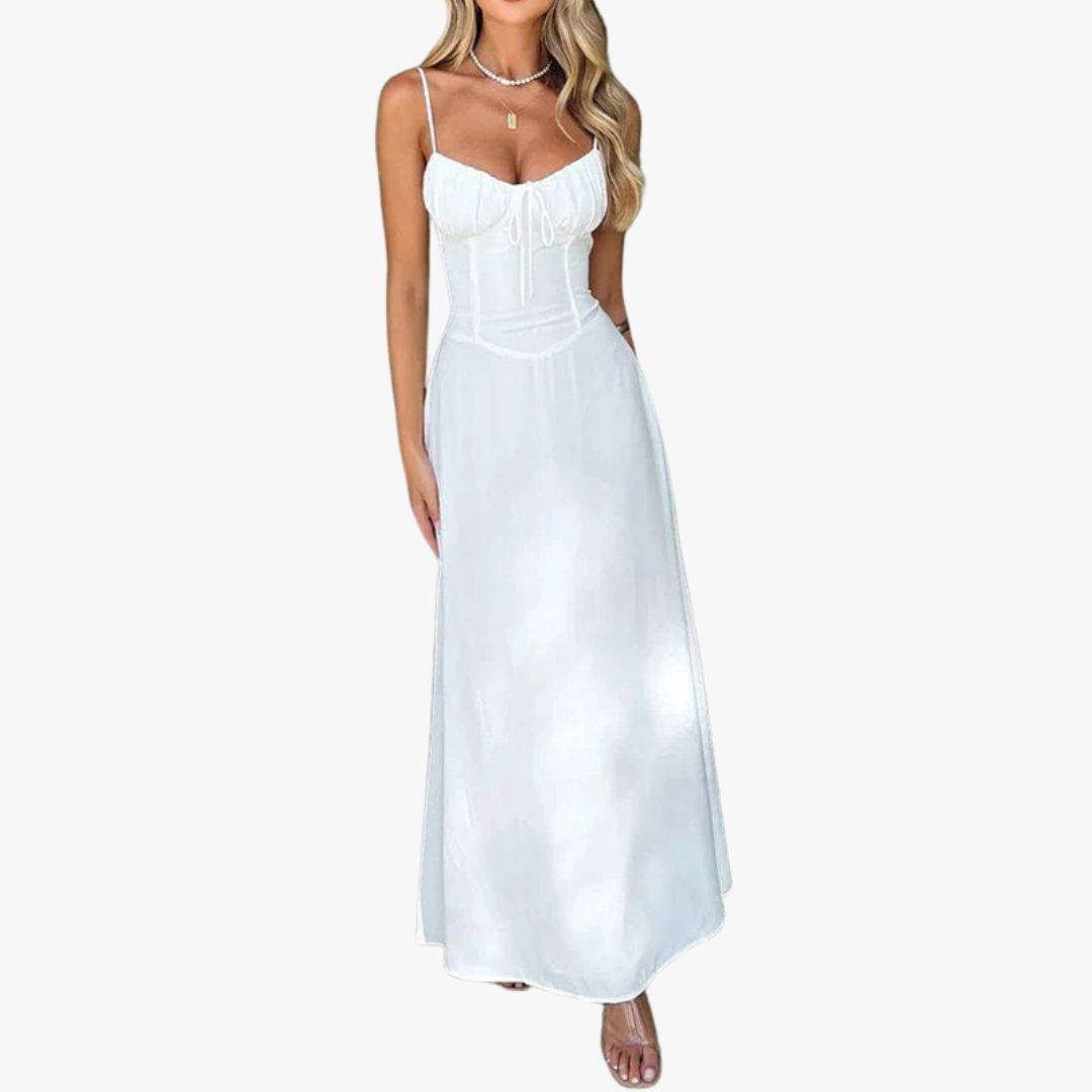 Miles & Luna A-Line Dress Satin Feel Ruched Bodice Strappy Maxi Dress for Women