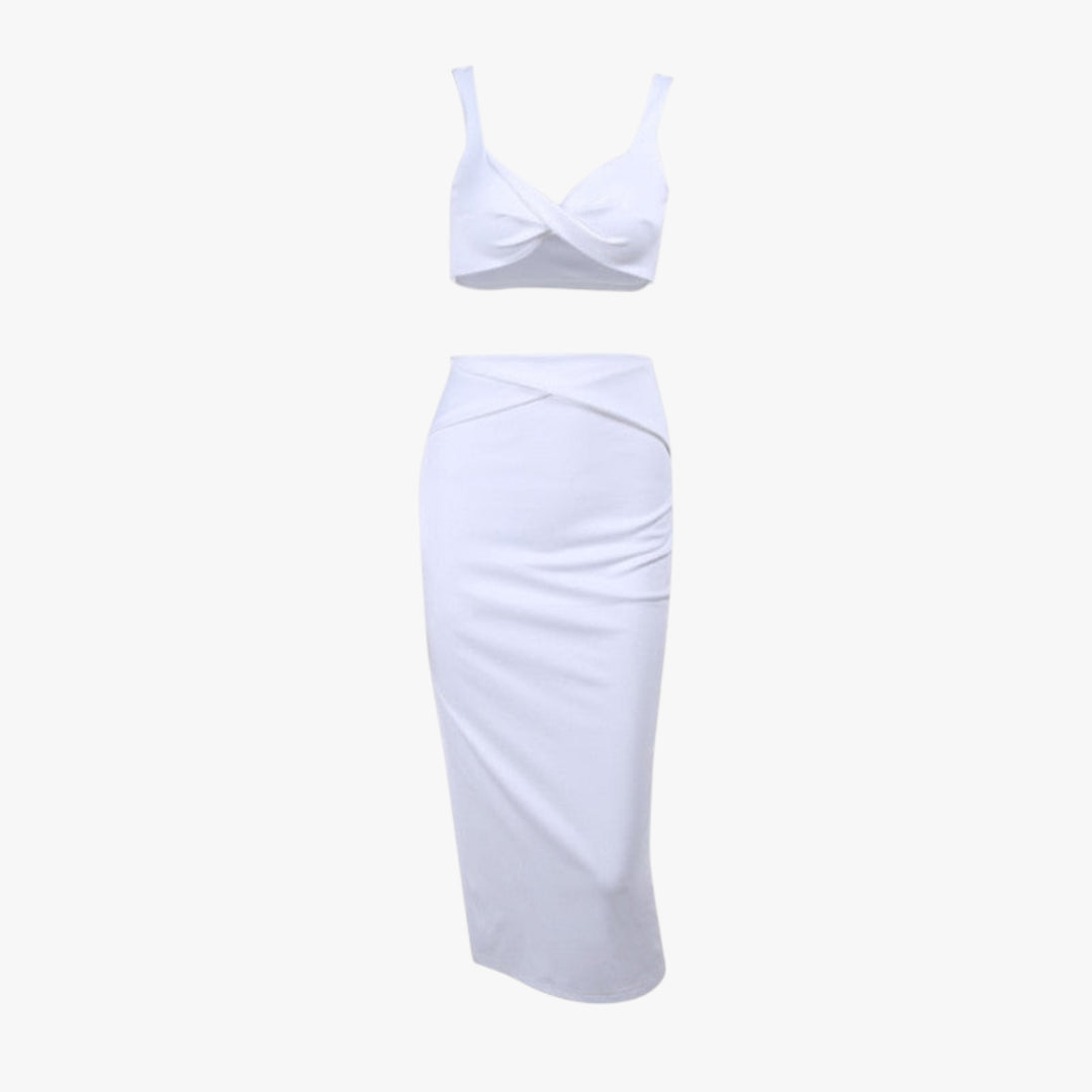 Miles & Luna Avalon Crop Top and Skirt Set with V Neckline and Thigh High Slit for Women