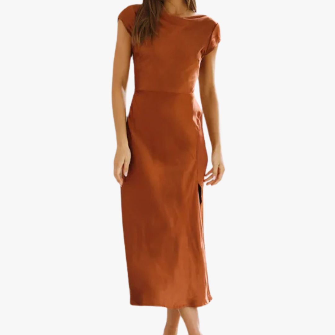 Miles & Luna Backless Satin Evening Elegant Midi Dress