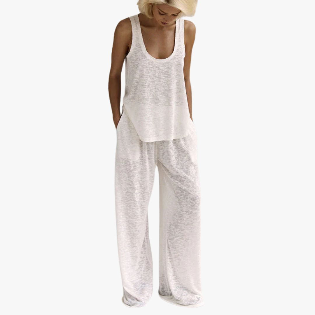 Miles & Luna Beach Loungewear Set Soft Jersey Twist-Front Crop Top Wide-Leg Trousers for Women