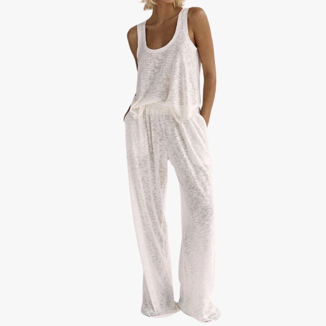 Miles & Luna Beach Loungewear Set Soft Jersey Twist-Front Crop Top Wide-Leg Trousers for Women