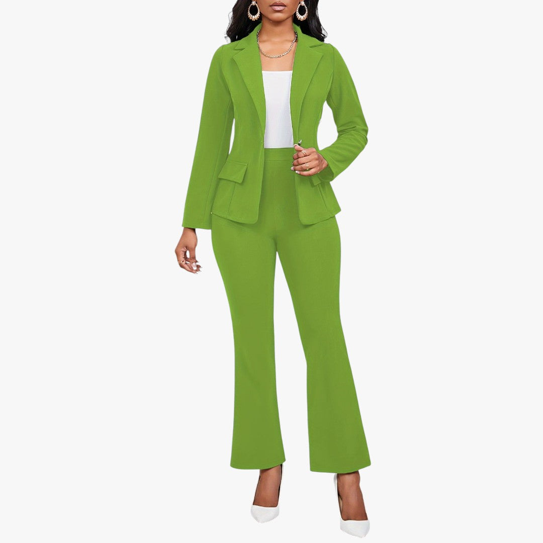 Miles & Luna Button Front Long Sleeve Lapel Blazer & Bootcut Suit Pants Outfit 2-Piece Set for Women