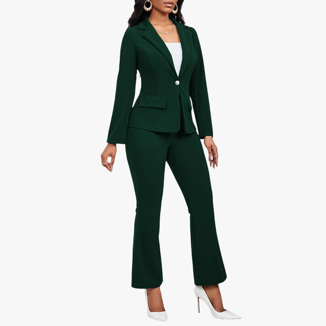 Miles & Luna Button Front Long Sleeve Lapel Blazer & Bootcut Suit Pants Outfit 2-Piece Set for Women