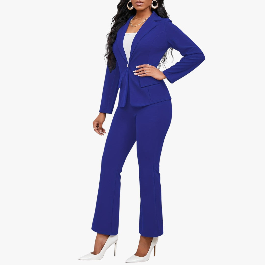 Miles & Luna Button Front Long Sleeve Lapel Blazer & Bootcut Suit Pants Outfit 2-Piece Set for Women