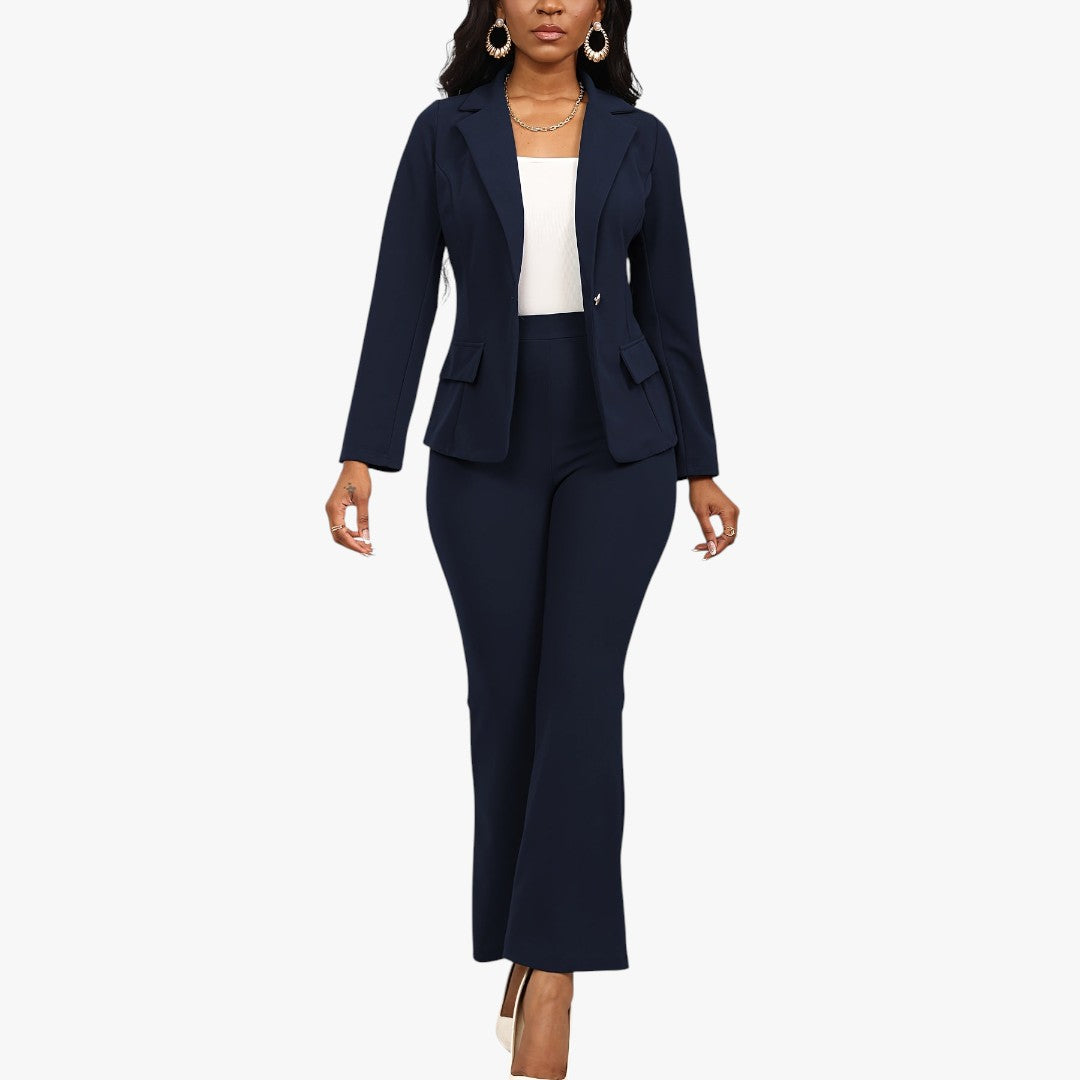 Miles & Luna Button Front Long Sleeve Lapel Blazer & Bootcut Suit Pants Outfit 2-Piece Set for Women