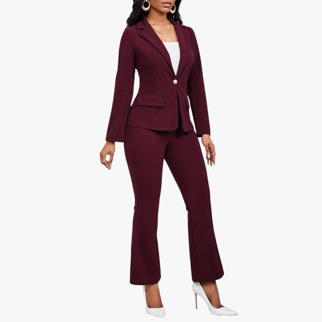 Miles & Luna Button Front Long Sleeve Lapel Blazer & Bootcut Suit Pants Outfit 2-Piece Set for Women
