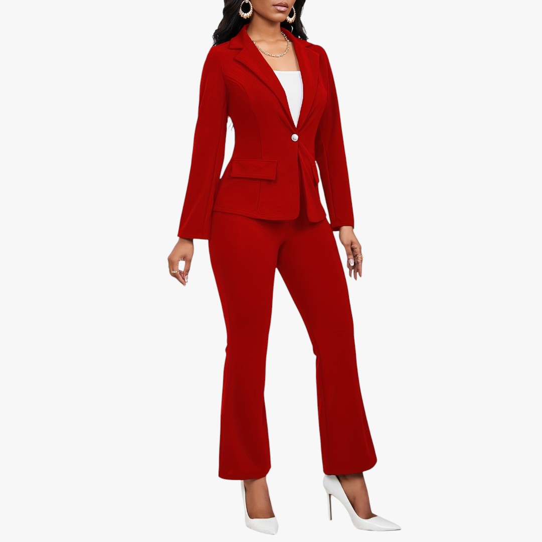 Miles & Luna Button Front Long Sleeve Lapel Blazer & Bootcut Suit Pants Outfit 2-Piece Set for Women