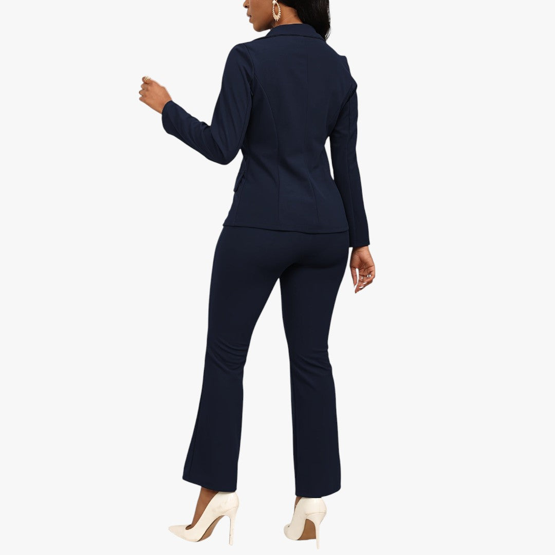 Miles & Luna Button Front Long Sleeve Lapel Blazer & Bootcut Suit Pants Outfit 2-Piece Set for Women