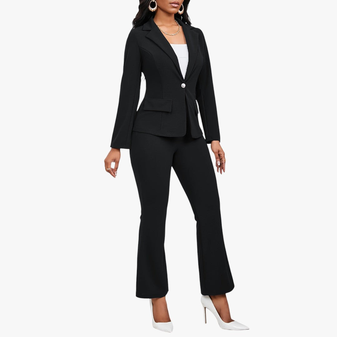 Miles & Luna Button Front Long Sleeve Lapel Blazer & Bootcut Suit Pants Outfit 2-Piece Set for Women