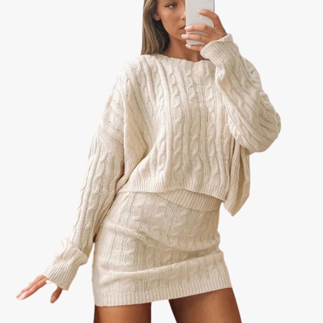 Miles & Luna Cable Knit Two-Piece Set Crew Neck Sweater & Ribbed Waist Skirt Cozy Fit for Women