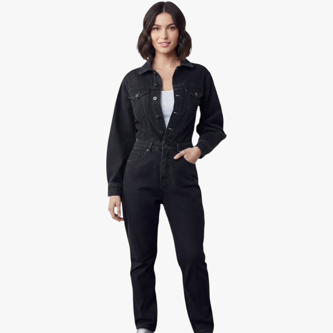 Miles & Luna Camille High Waist Denim Jumpsuit with Flap Pockets and Balloon Sleeves for Women
