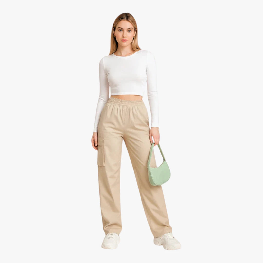 Miles & Luna Cargo Pants - High Waist With Side Pockets, Straight Legs For Women