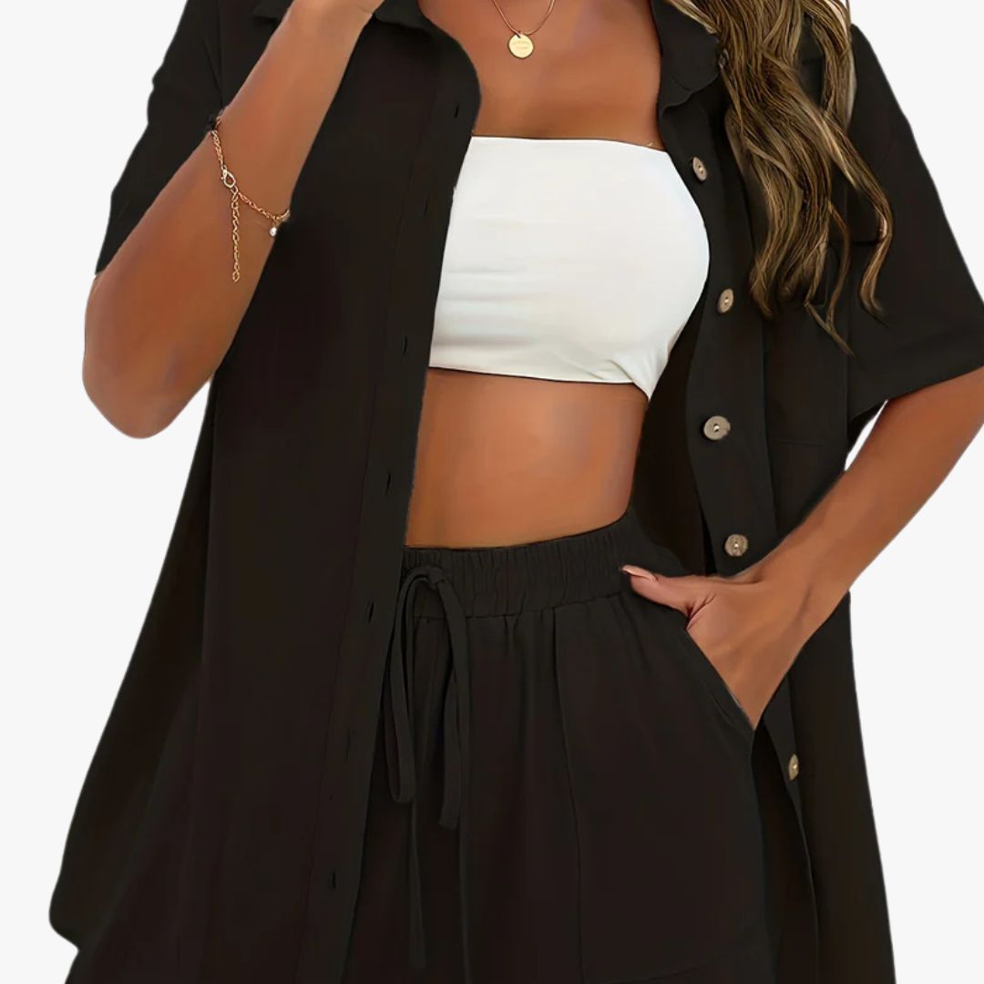 Miles & Luna Casual 2-Piece Set Breathable Short Sleeve Blouse & Drawstring Shorts Outfit for Women