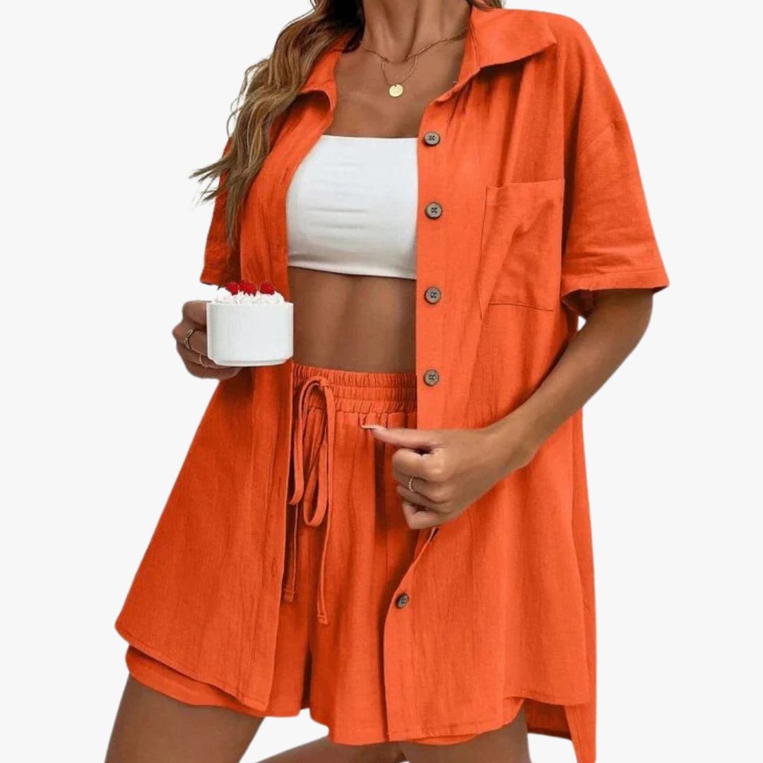 Miles & Luna Casual 2-Piece Set Breathable Short Sleeve Blouse & Drawstring Shorts Outfit for Women