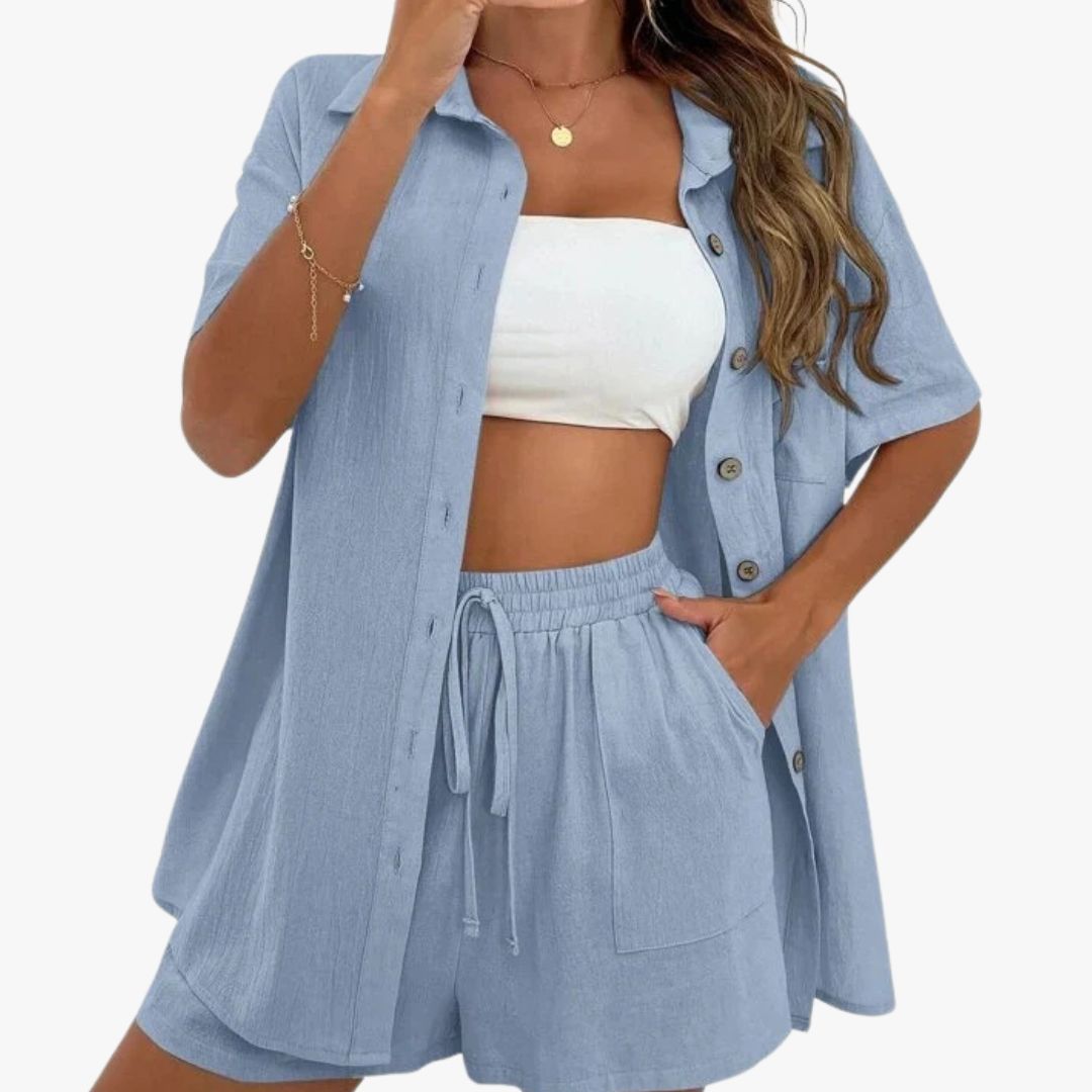 Miles & Luna Casual 2-Piece Set Breathable Short Sleeve Blouse & Drawstring Shorts Outfit for Women