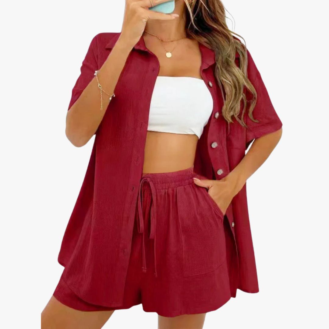 Miles & Luna Casual 2-Piece Set Breathable Short Sleeve Blouse & Drawstring Shorts Outfit for Women