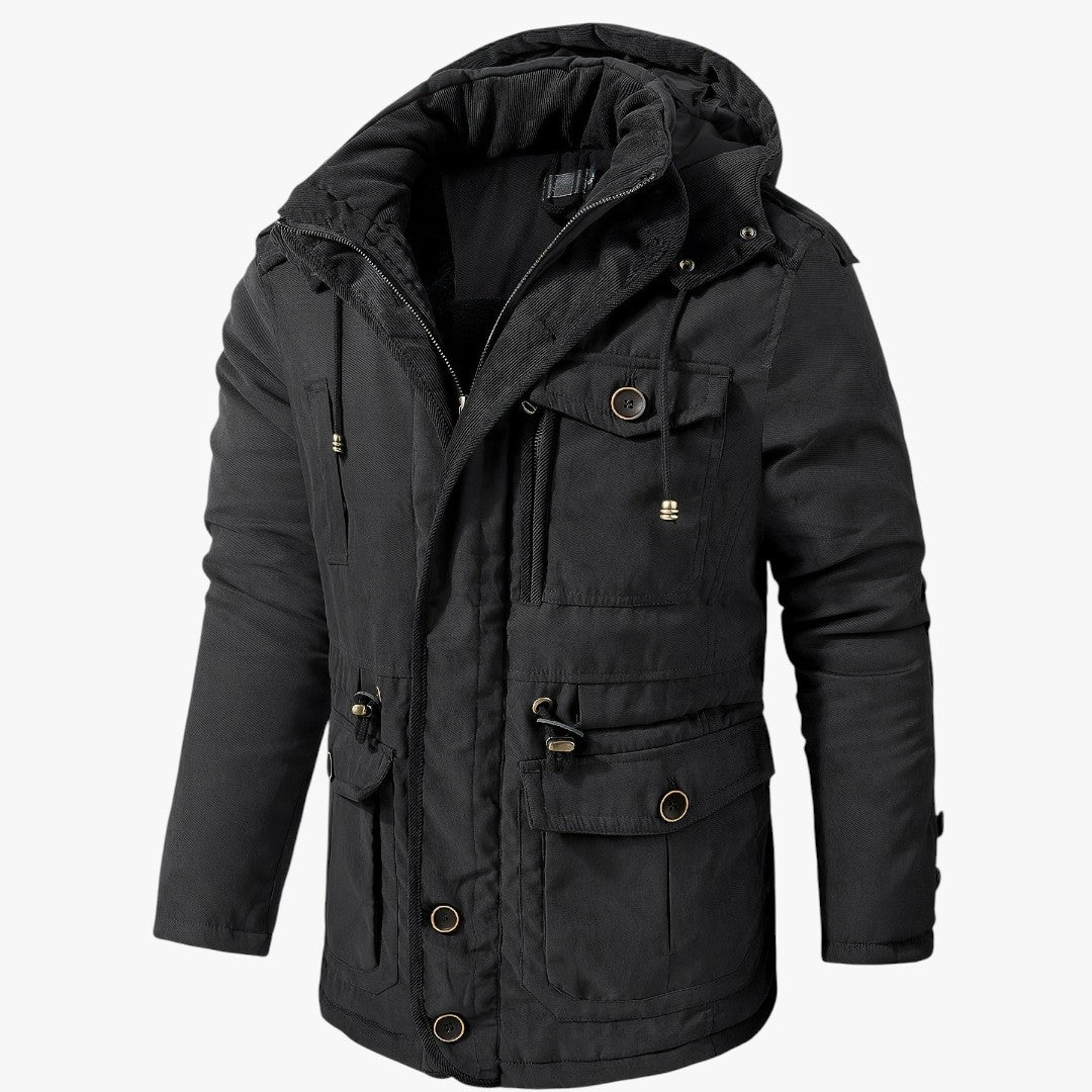 Miles & Luna Casual Warm Fleece Multi Pocket Hooded Cargo Jacket for Men