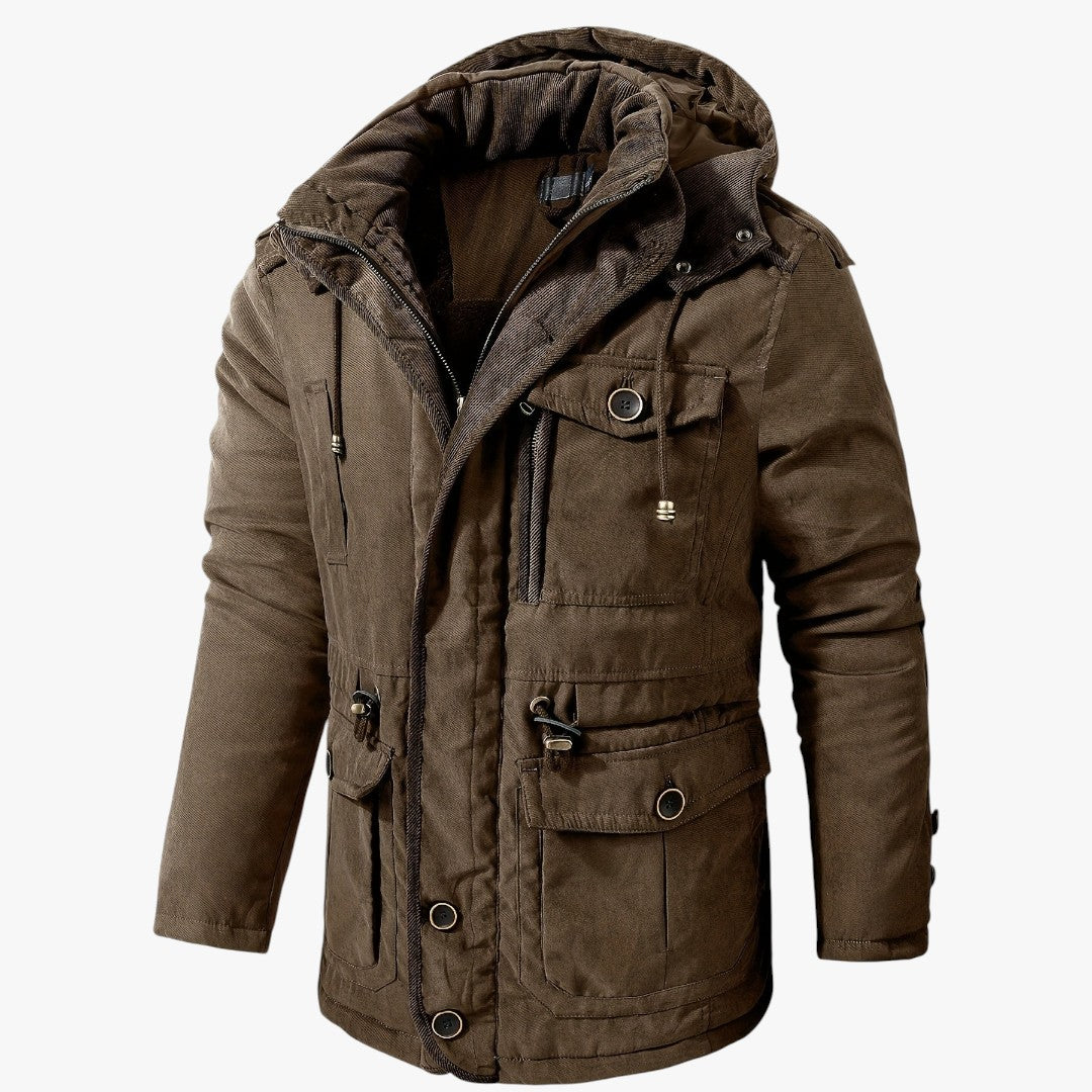 Miles & Luna Casual Warm Fleece Multi Pocket Hooded Cargo Jacket for Men