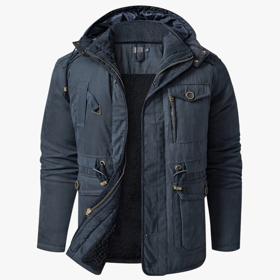 Miles & Luna Casual Warm Fleece Multi Pocket Hooded Cargo Jacket for Men