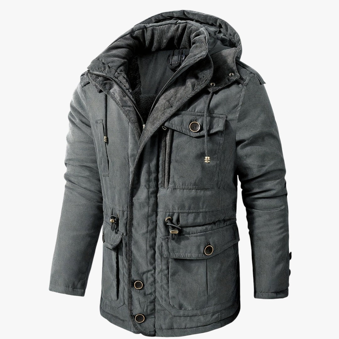 Miles & Luna Casual Warm Fleece Multi Pocket Hooded Cargo Jacket for Men