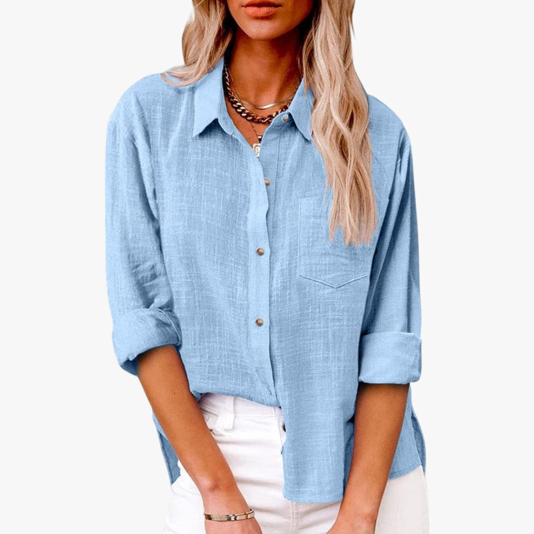 Miles & Luna Chic Button Down Long Sleeve Linen Blouse Shirt for Women