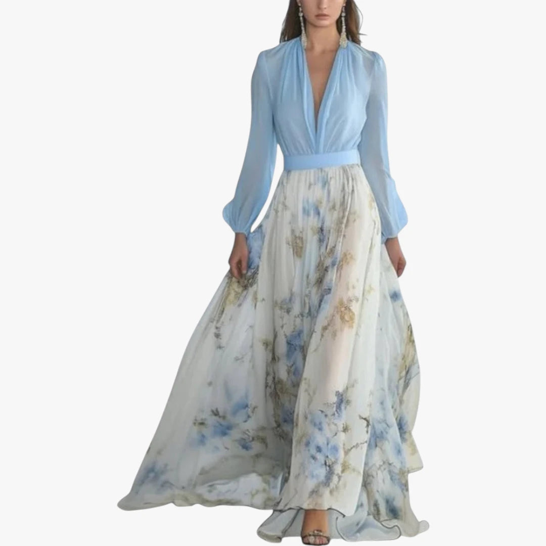 Miles & Luna Chiffon Floral Maxi Dress with Plunging Neckline and Sheer Sleeves for Women