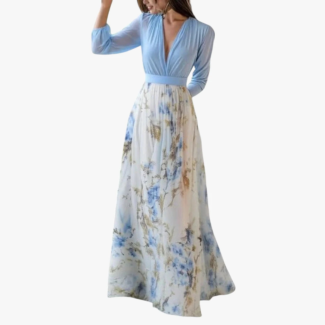 Miles & Luna Chiffon Floral Maxi Dress with Plunging Neckline and Sheer Sleeves for Women