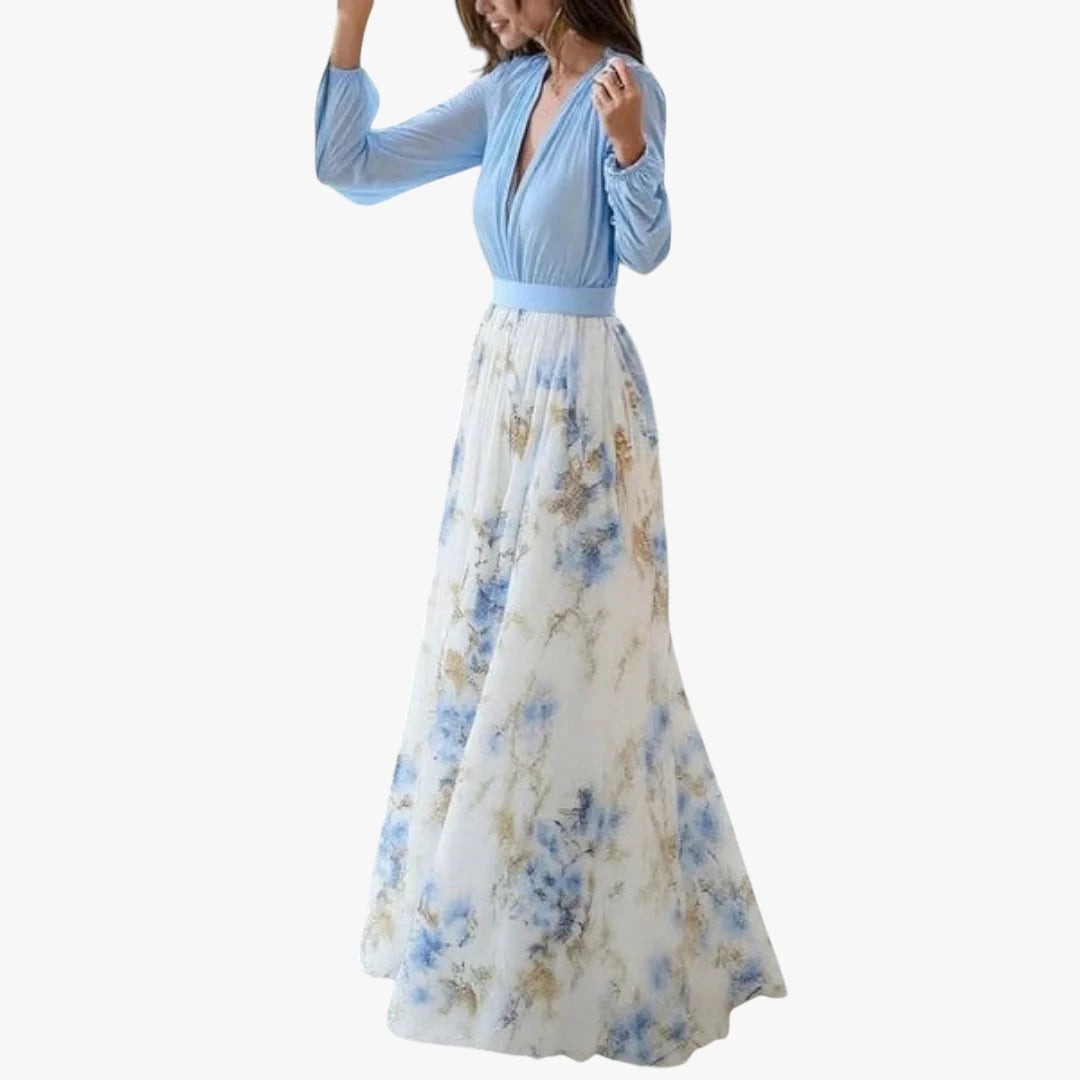Miles & Luna Chiffon Floral Maxi Dress with Plunging Neckline and Sheer Sleeves for Women