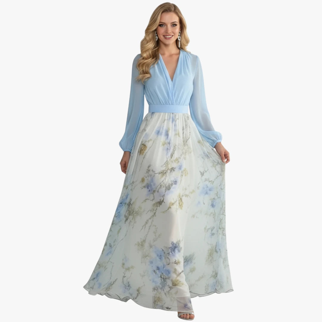 Miles & Luna Chiffon Floral Maxi Dress with Plunging Neckline and Sheer Sleeves for Women
