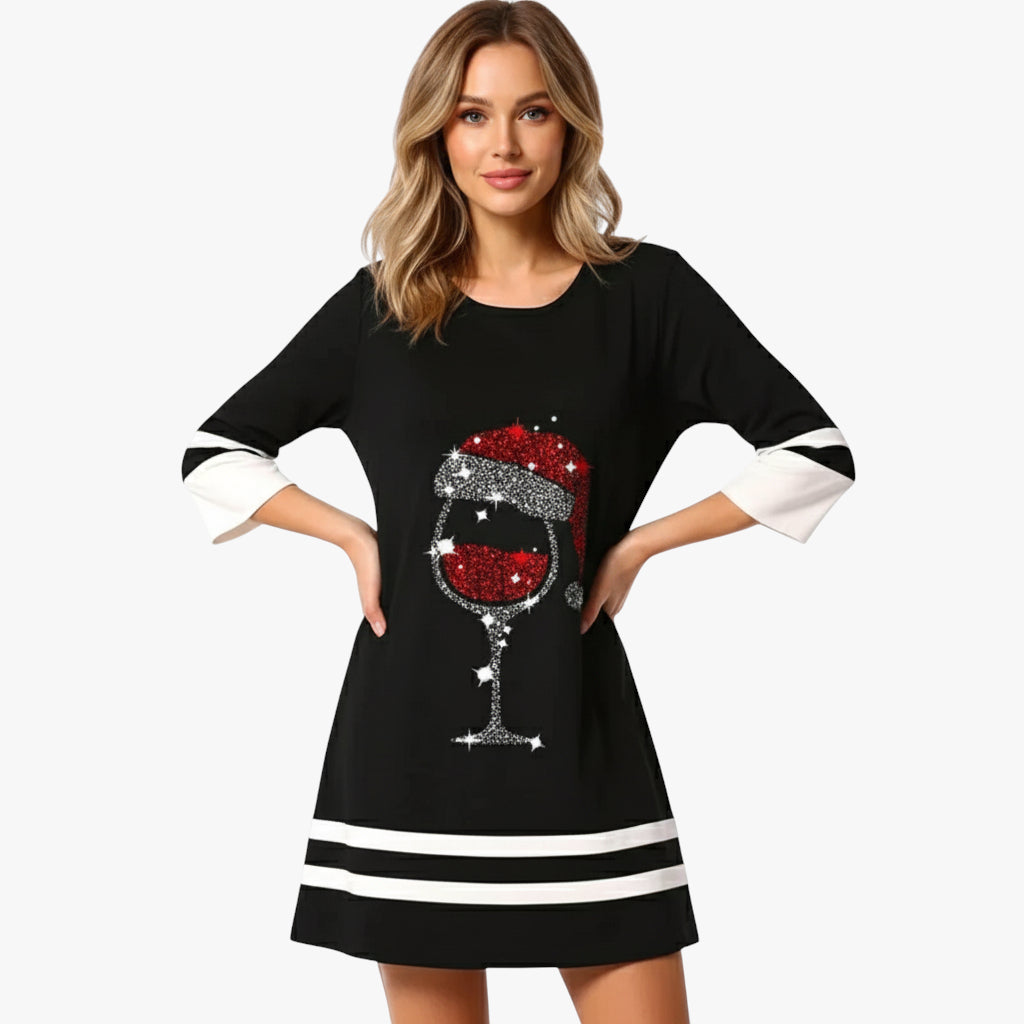 Miles & Luna Christmas Reindeer Print Mini Dress with Long Sleeves Festive Chic for Women