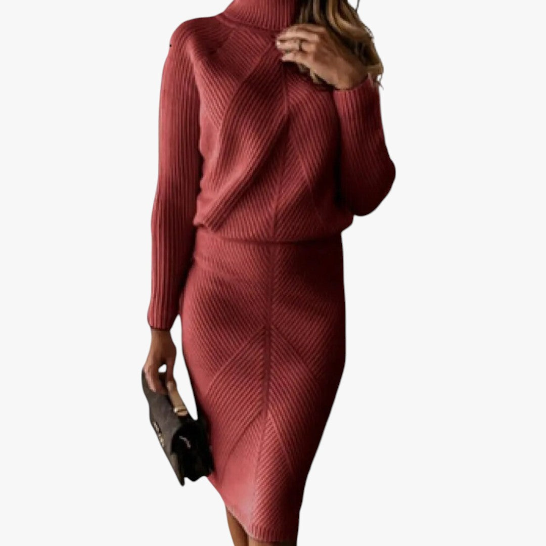 Miles & Luna Classic Turtleneck Knitted Top with Narrow Skirt 2-Piece Set for Women
