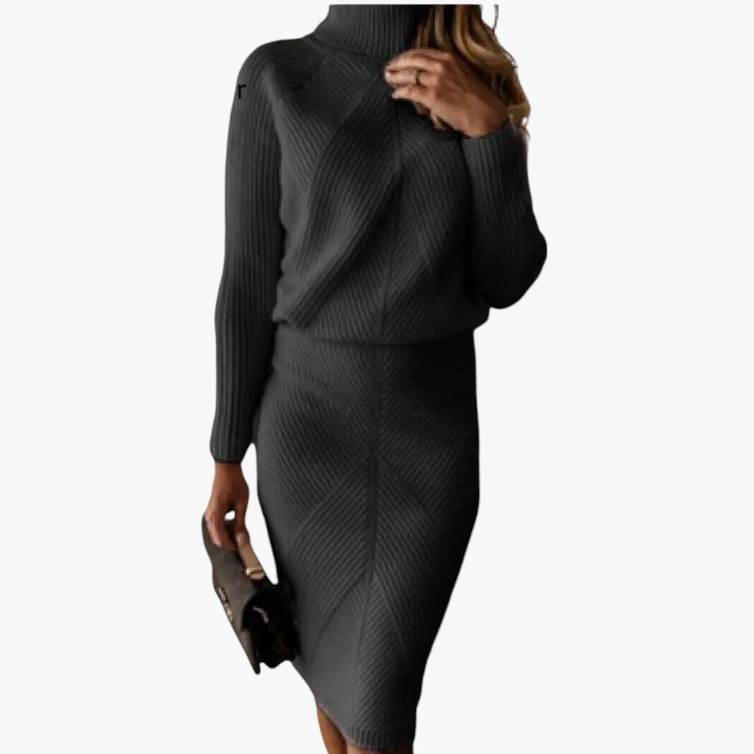 Miles & Luna Classic Turtleneck Knitted Top with Narrow Skirt 2-Piece Set for Women