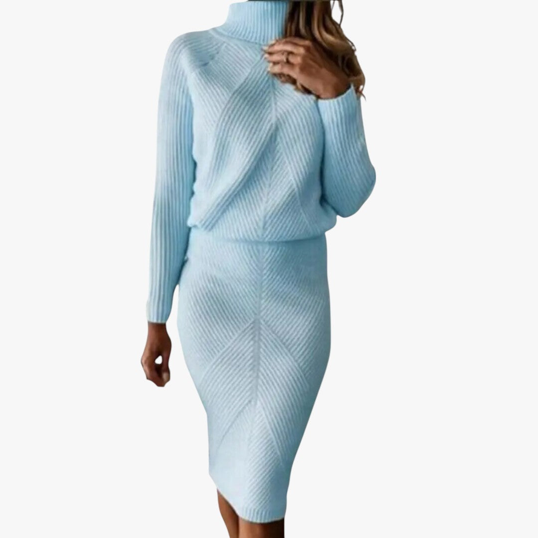 Miles & Luna Classic Turtleneck Knitted Top with Narrow Skirt 2-Piece Set for Women