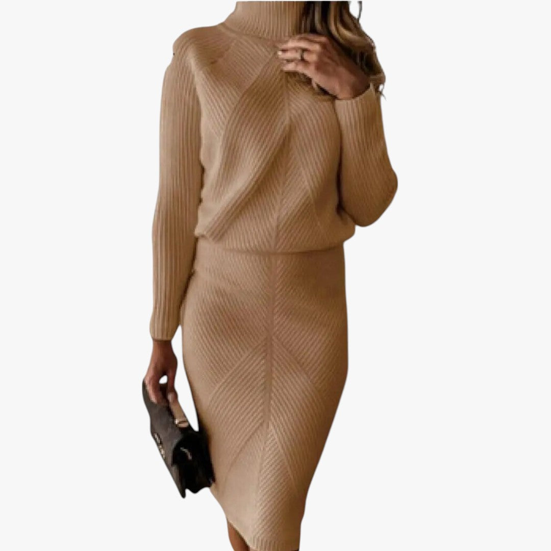 Miles & Luna Classic Turtleneck Knitted Top with Narrow Skirt 2-Piece Set for Women