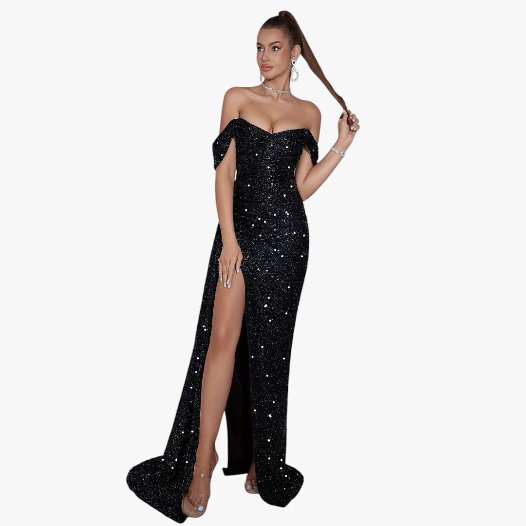 Miles & Luna Cotton Sparkling Sequin Off Shoulder Ruched Split Thigh Draped Side Slim Formal Maxi Dress for Women