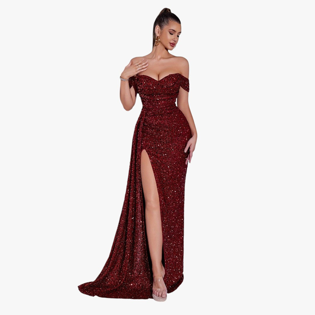 Miles & Luna Cotton Sparkling Sequin Off Shoulder Ruched Split Thigh Draped Side Slim Formal Maxi Dress for Women